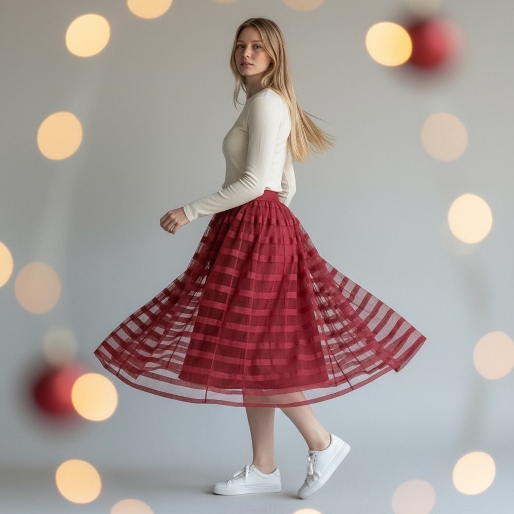 MetroWear‎ Women's Size PL Red Skirt Midi Built-in Slip Striped Overlay